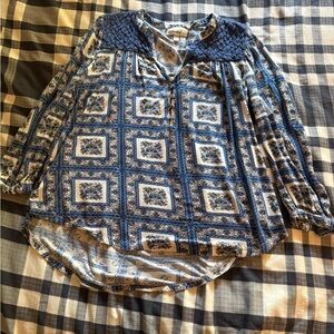 Blue Patterned Long Sleeve Blouse